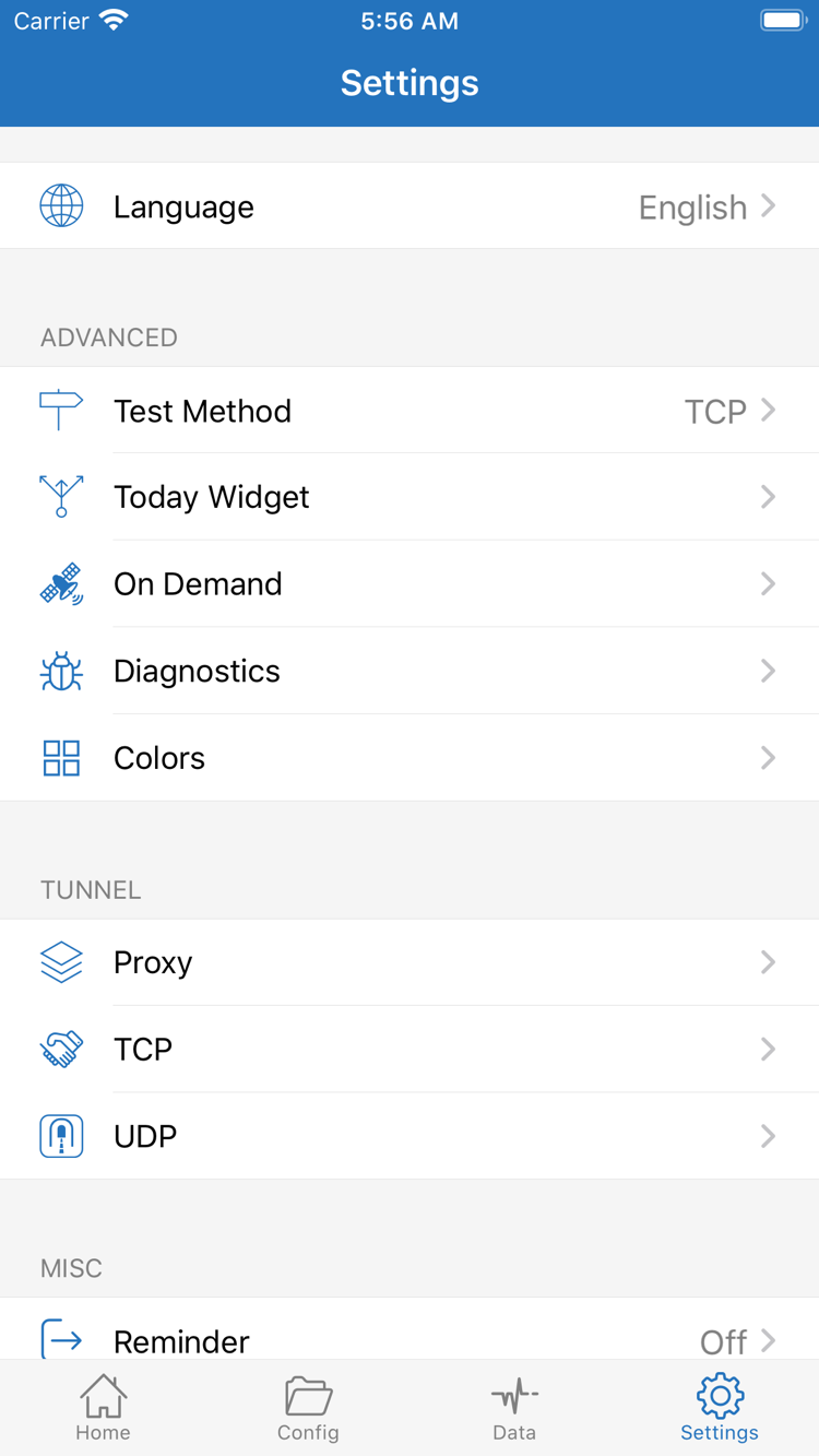 Shadowrocket’s Settings screen, showing Language, Test Method, Today Widget, On Demand, Diagnostics, Proxy, TCP, and UDP