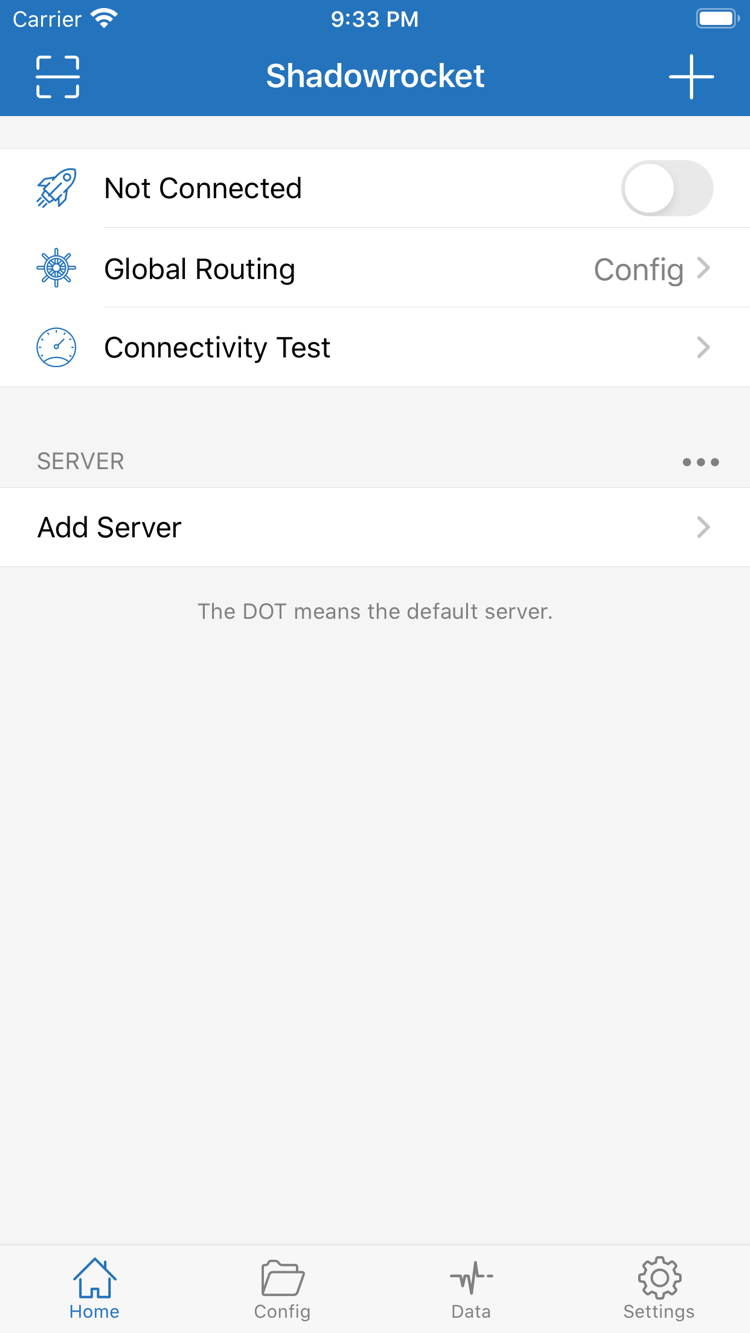 Not Connected、Global Routing、Connectivity Test、Add Server が表示された Shadowrocket 公式 Home スクリーンショット